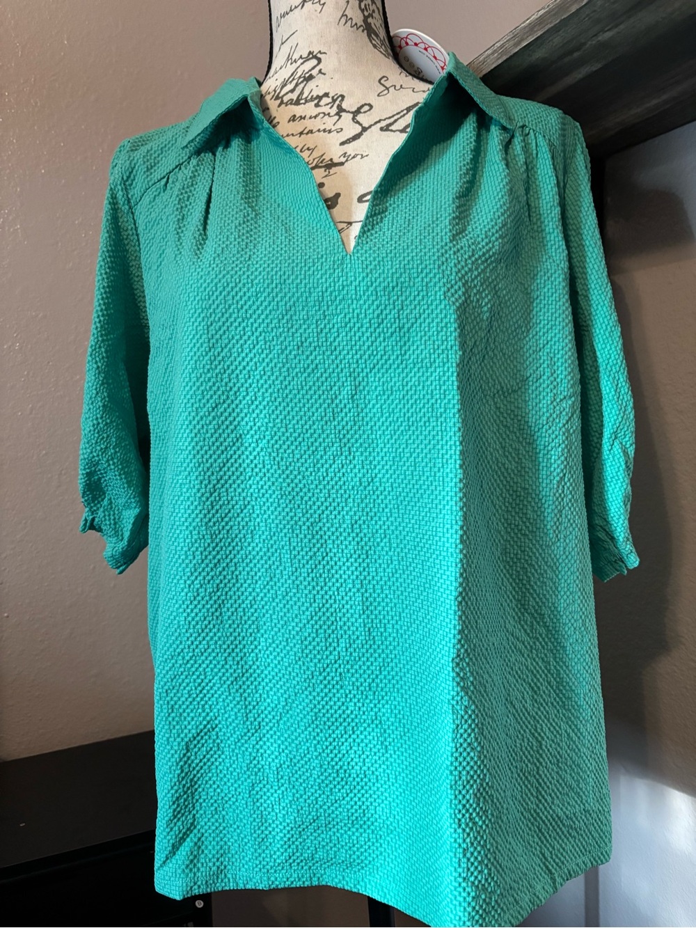 Umgee Seersucker Embroidered Sleeve Blouse Green Collared Top L🛍️